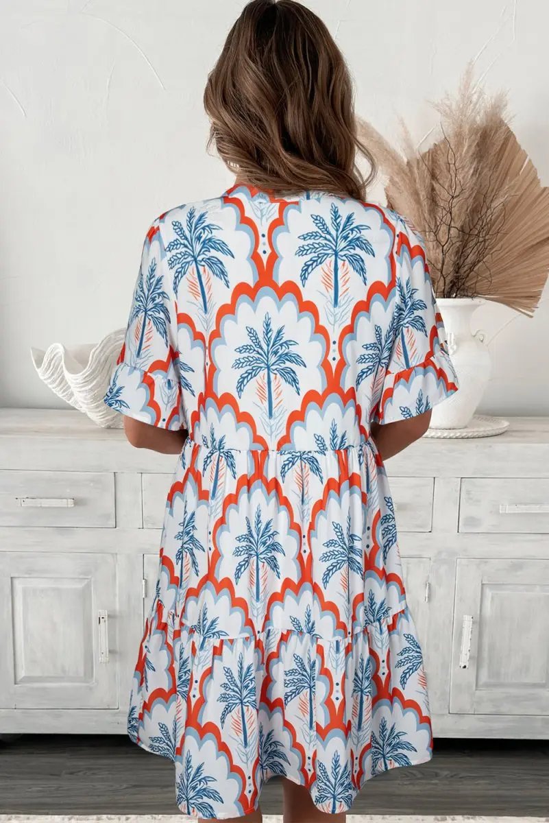 Orange Contrast Palm Tree Printed Short Sleeve Flowy Dress - Love Salve